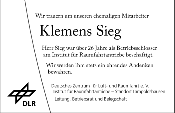 Traueranzeige von Klemens Sieg von GESAMT