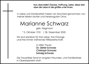 Traueranzeige von Marianne Schwarz von GESAMT