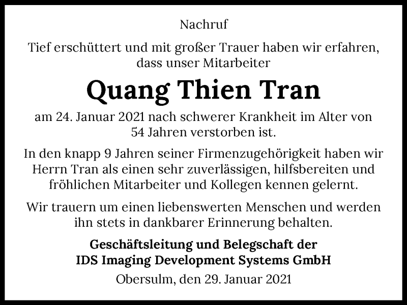  Traueranzeige für Quang Thien Tran vom 29.01.2021 aus GESAMT