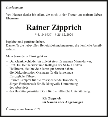 Traueranzeige von Rainer Zipprich von GESAMT