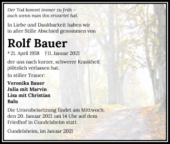 Traueranzeige von Rolf Bauer von GESAMT