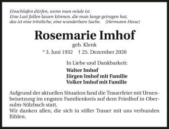 Traueranzeige von Rosemarie Imhof von GESAMT