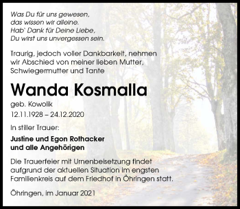 Traueranzeige von Wanda Kosmalla von GESAMT