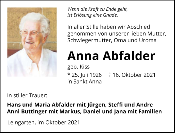 Traueranzeige von Anna Abfalder von GESAMT