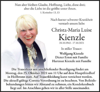 Traueranzeige von Christa-Maria Luise Kienzle von GESAMT