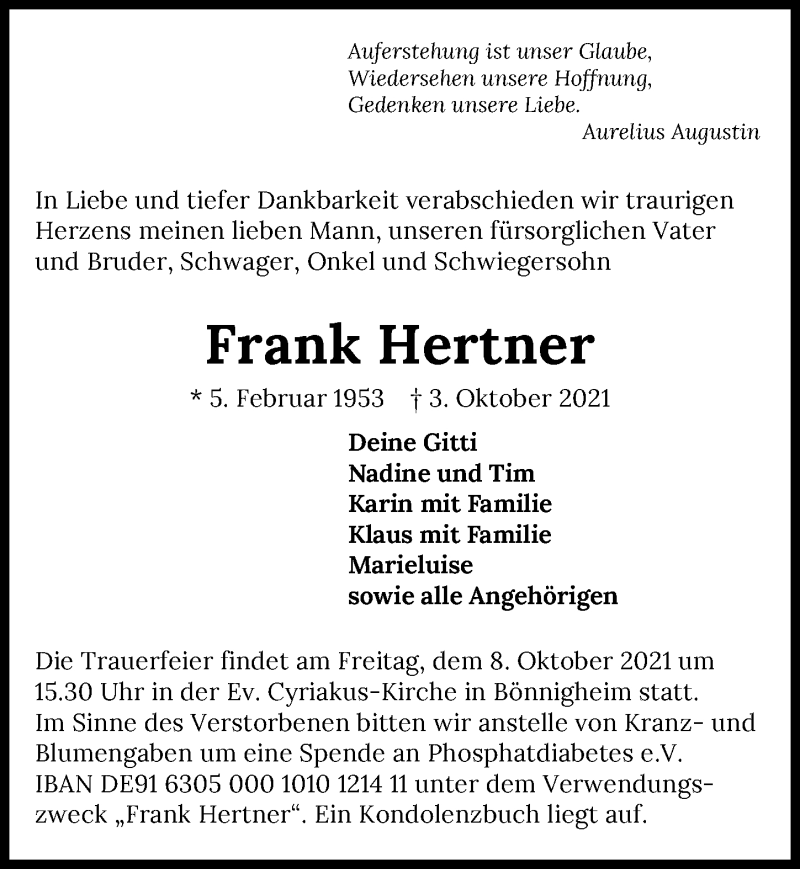  Traueranzeige für Frank Hertner vom 06.10.2021 aus GESAMT