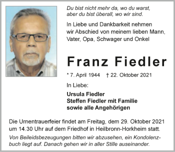 Traueranzeige von Franz Fiedler von GESAMT