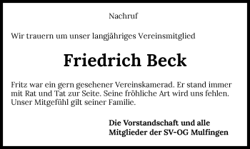 Traueranzeige von Friedrich Beck von GESAMT