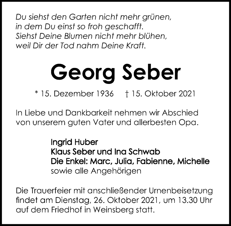  Traueranzeige für Georg Seber vom 23.10.2021 aus GESAMT