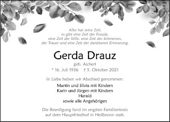 Traueranzeige von Gerda Drauz von GESAMT