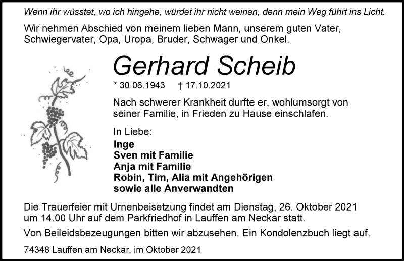  Traueranzeige für Gerhard Scheib vom 23.10.2021 aus GESAMT