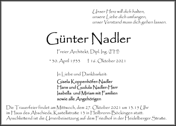 Traueranzeige von Günter Nadler von GESAMT