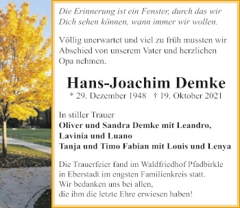 Traueranzeige von Hans-Joachim Demke von GESAMT