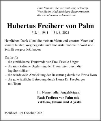 Traueranzeige von Hubertus Freiherr von Palm von GESAMT