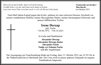 Traueranzeige von Irene Derzap von GESAMT