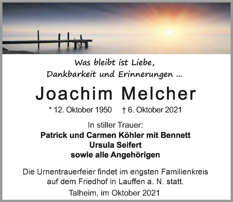  Traueranzeige für Joachim Melcher vom 09.10.2021 aus GESAMT