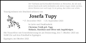 Traueranzeige von Josefa Tupy von GESAMT