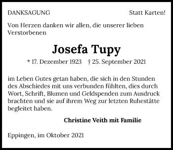 Traueranzeige von Josefa Tupy von GESAMT