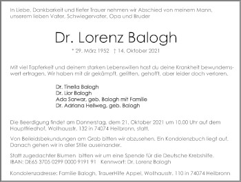 Traueranzeige von Lorenz Balogh von GESAMT