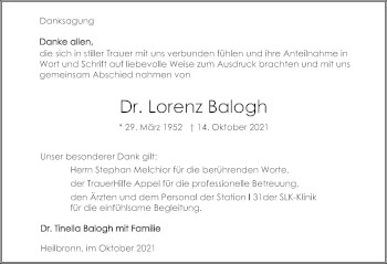 Traueranzeige von Lorenz Balogh von GESAMT