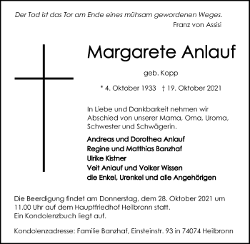 Traueranzeige von Margarete Anlauf von GESAMT