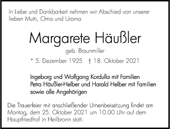 Traueranzeige von Margarete Häußler von GESAMT