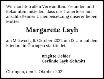 Traueranzeige von Margarete Layh von GESAMT