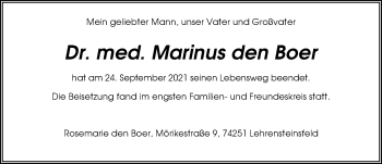 Traueranzeige von Marinus den Boer von GESAMT