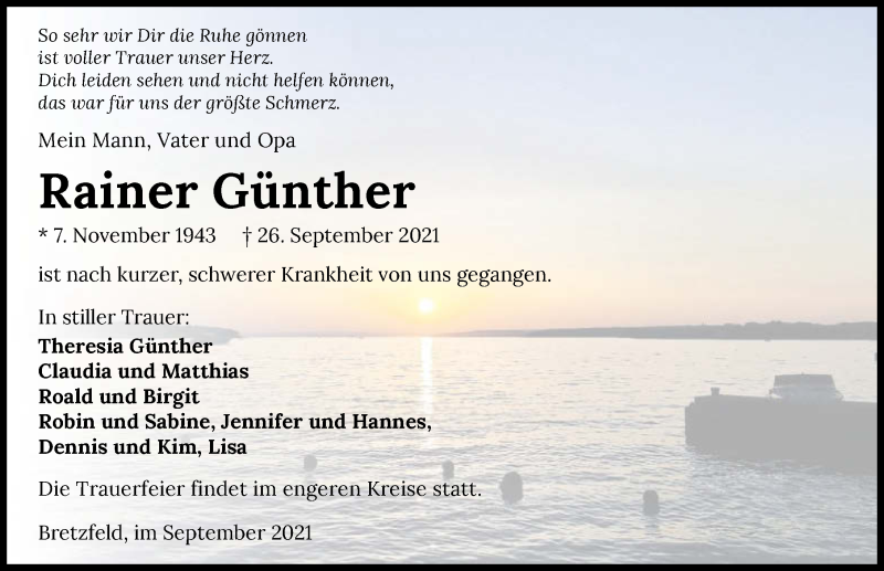  Traueranzeige für Rainer Günther vom 02.10.2021 aus GESAMT