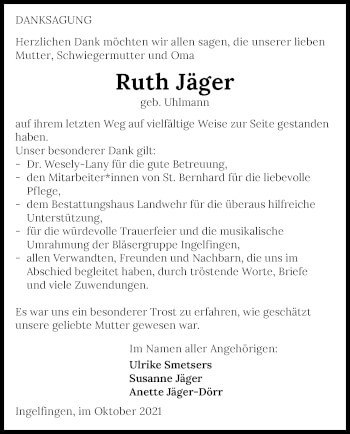 Traueranzeige von Ruth Jäger von GESAMT