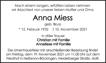 Traueranzeige von Anna Miess von GESAMT