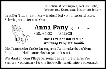 Traueranzeige von Anna Pany von GESAMT