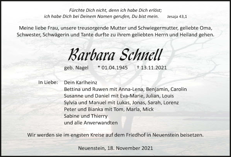  Traueranzeige für Barbara Schnell vom 18.11.2021 aus GESAMT