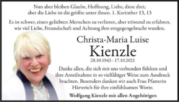 Traueranzeige von Christa-Maria Luise Kienzle von GESAMT