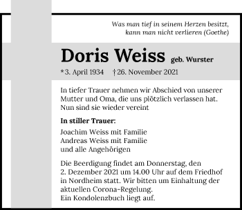 Traueranzeige von Doris Weiss von GESAMT