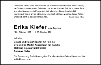 Traueranzeige von Erika Kiefer von GESAMT