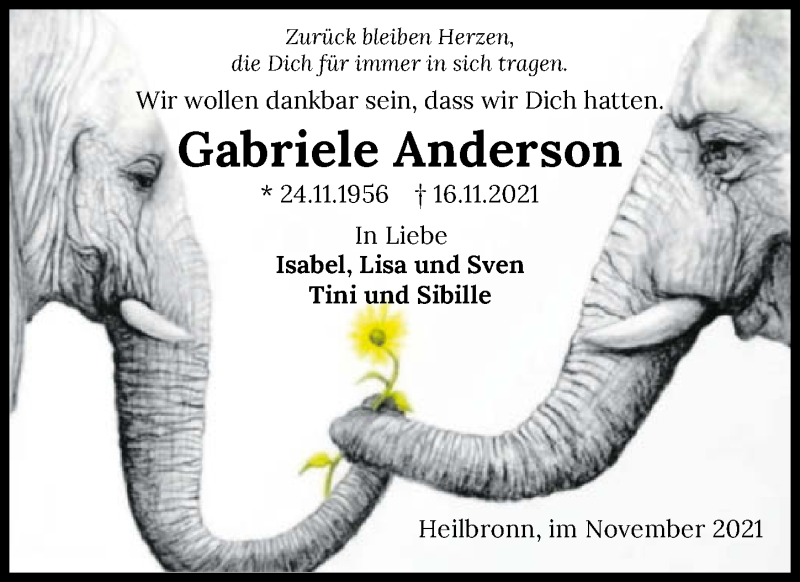  Traueranzeige für Gabriele Anderson vom 20.11.2021 aus GESAMT