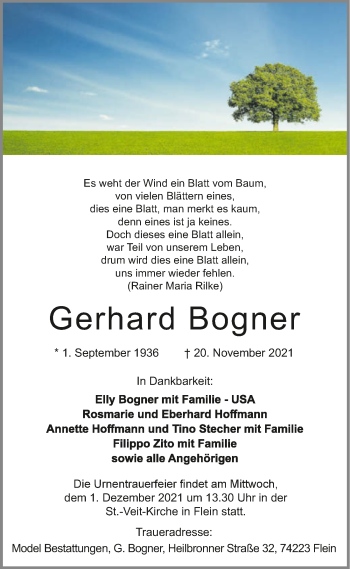 Traueranzeige von Gerhard Bogner von GESAMT