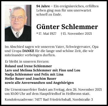 Traueranzeige von Günter Schlemmer von GESAMT