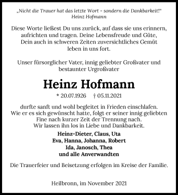 Traueranzeige von Heinz Hofmann von GESAMT