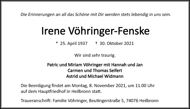  Traueranzeige für Irene Vöhringer-Fenske vom 06.11.2021 aus GESAMT