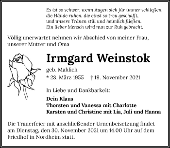 Traueranzeige von Irmgard Weinstok von GESAMT