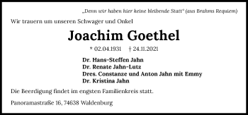 Traueranzeige von Joachim Goethel von GESAMT