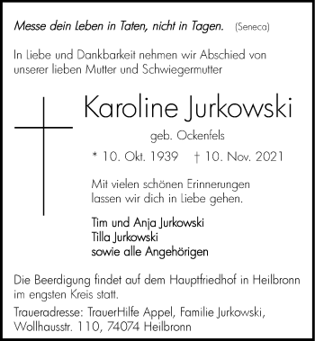 Traueranzeige von Karoline Jurkowski von GESAMT