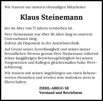 Traueranzeige von Klaus Steinemann von GESAMT