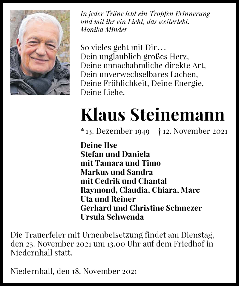  Traueranzeige für Klaus Steinemann vom 18.11.2021 aus GESAMT