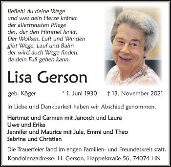 Traueranzeige von Lisa Gerson von GESAMT