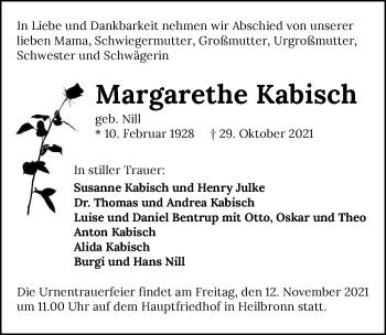 Traueranzeige von Margarethe Kabisch von GESAMT