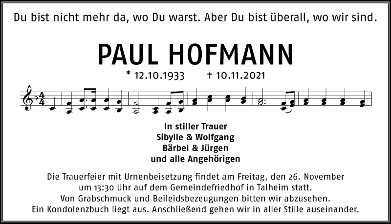  Traueranzeige für Paul Hoffmann vom 20.11.2021 aus GESAMT