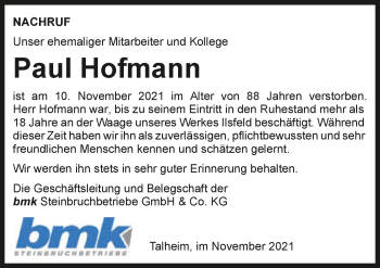 Traueranzeige von Paul Hofmann von GESAMT